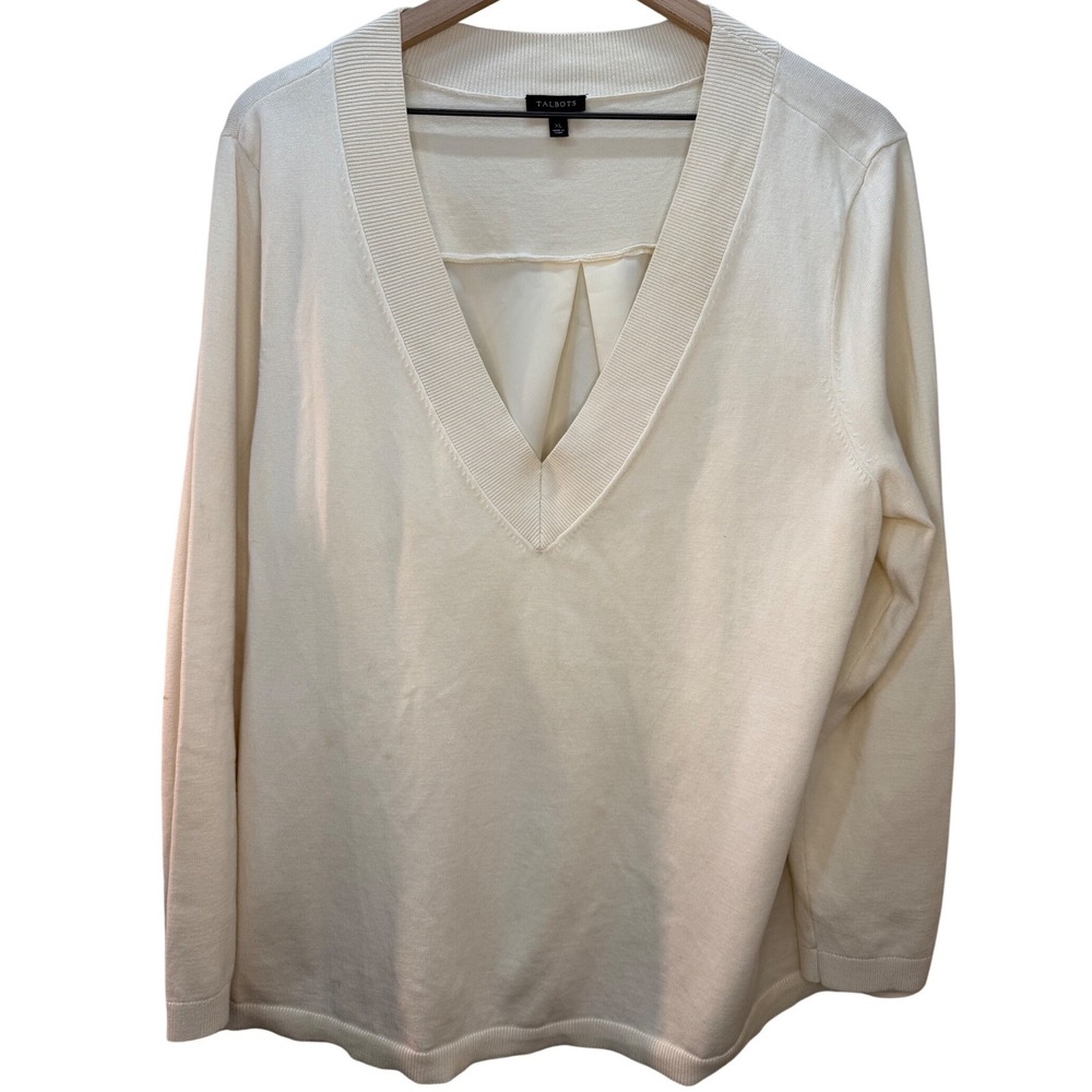 Talbots‎ Cream V Neck Sweater Long Sleeve Pleated Back Size XL